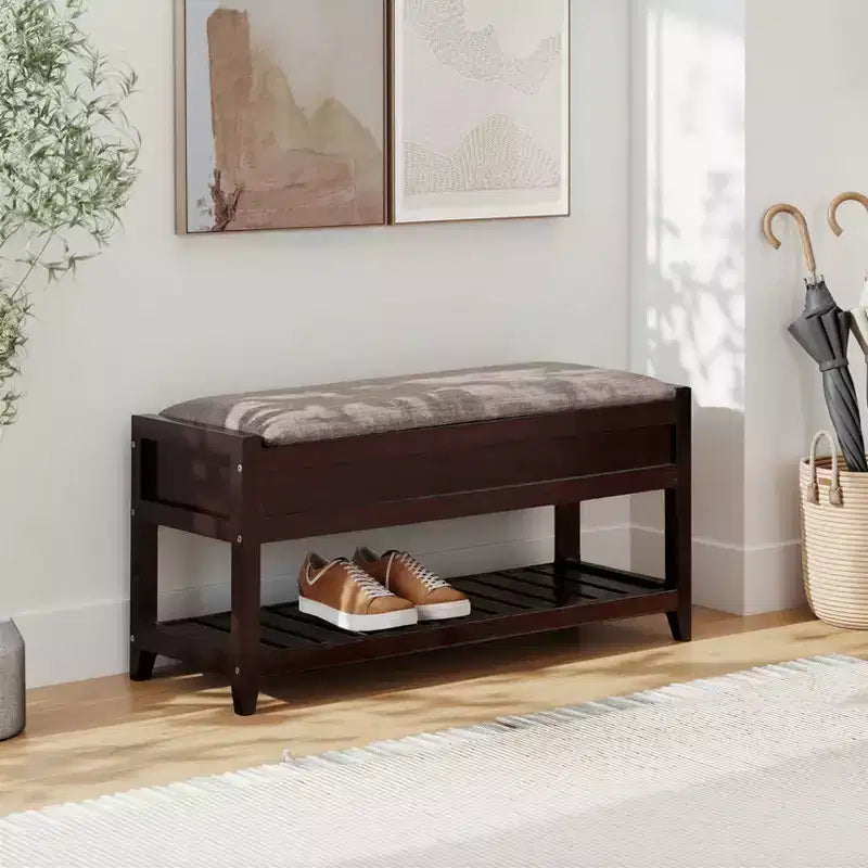 Banco de almacenamiento gris y espresso con estante para zapatos, 1 persona