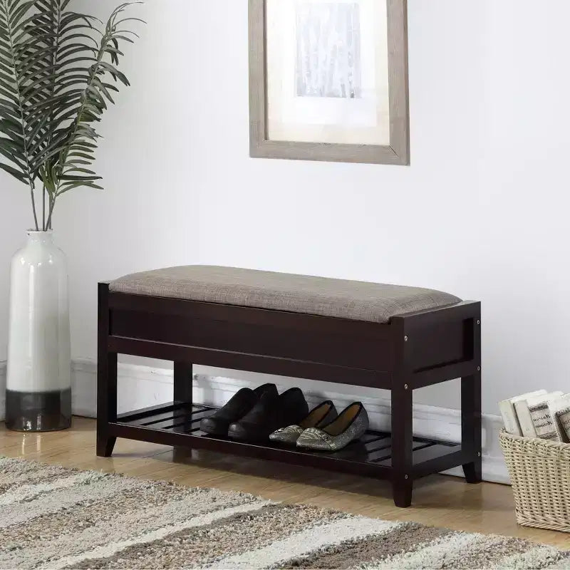 Banco de almacenamiento gris y espresso con estante para zapatos, 1 persona