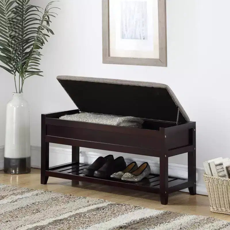 Banco de almacenamiento gris y espresso con estante para zapatos, 1 persona