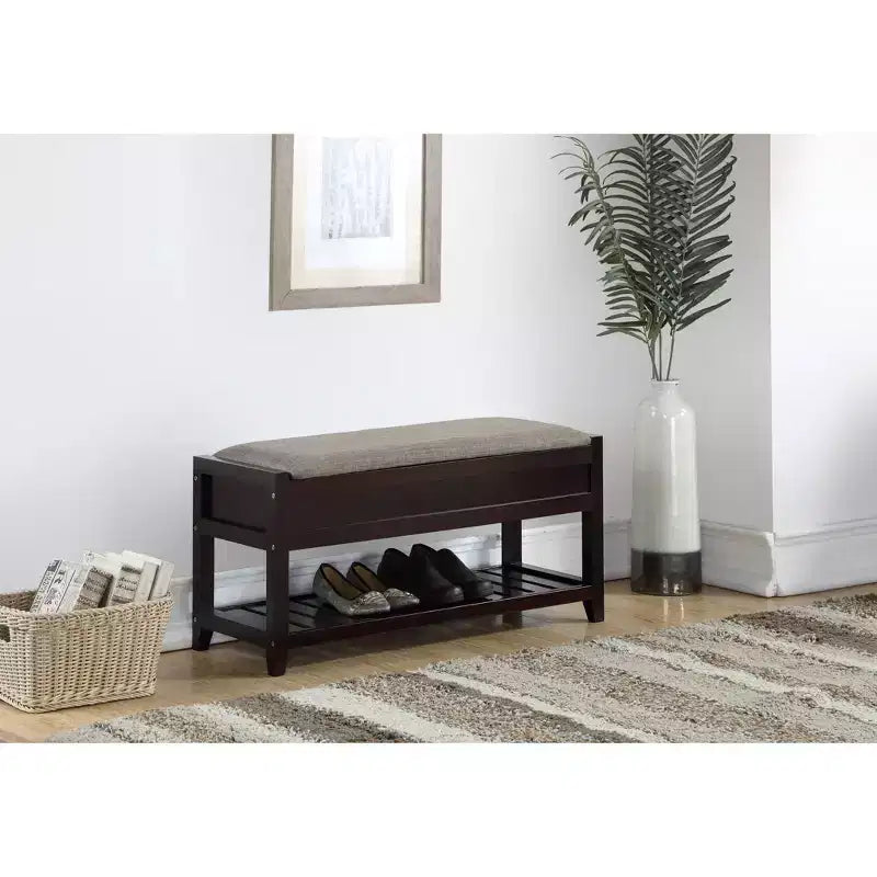 Banco de almacenamiento gris y espresso con estante para zapatos, 1 persona