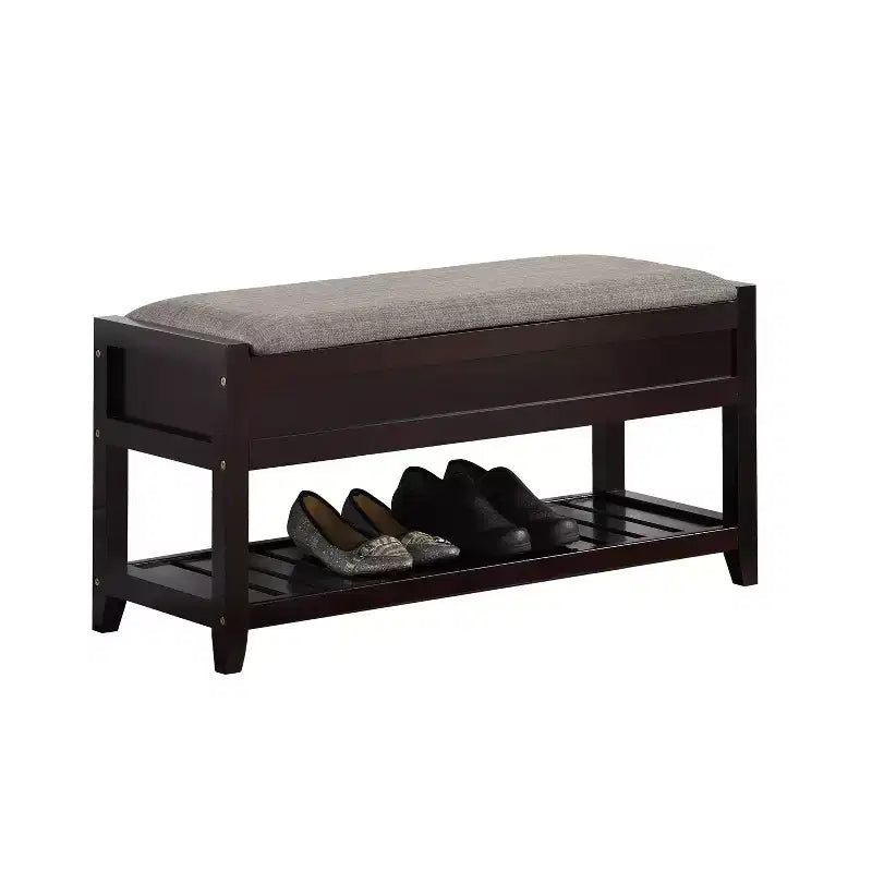Banco de almacenamiento gris y espresso con estante para zapatos, 1 persona