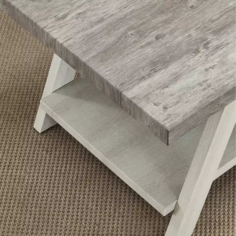 Mesa auxiliar de madera gris y beige con estante inferior, para 1 persona