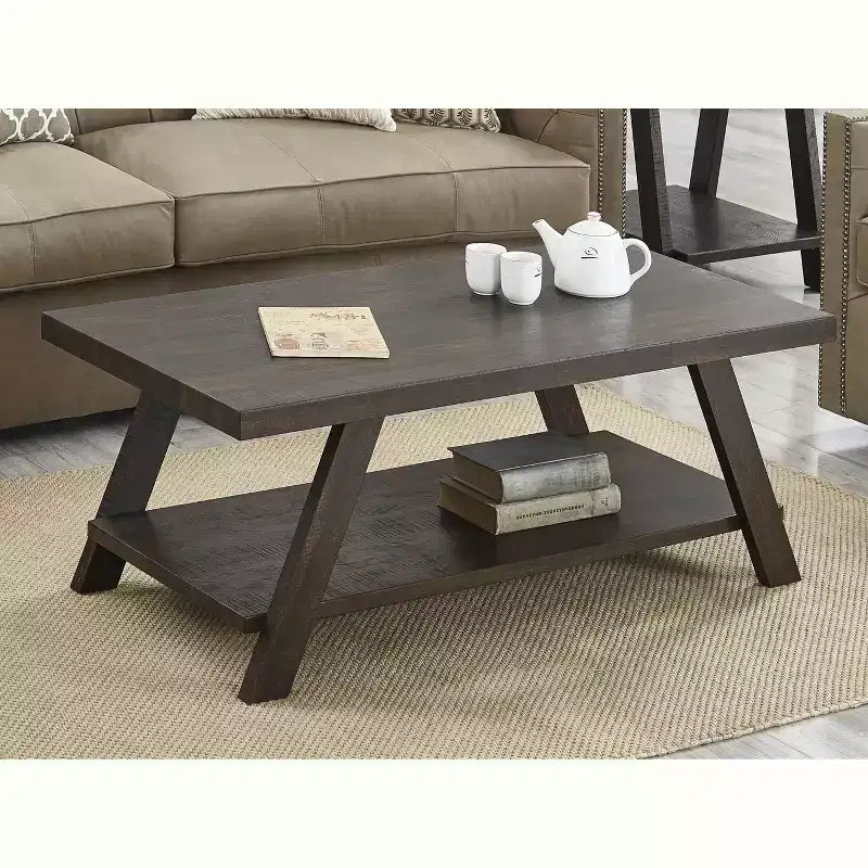 Mesa de centro rectangular gris y espresso para 2 personas con estante de almacenamiento