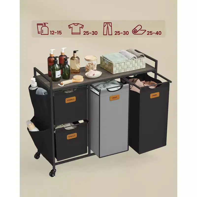 Clasificador de ropa rodante de 4 compartimentos con estantes, negro tinta y gris paloma