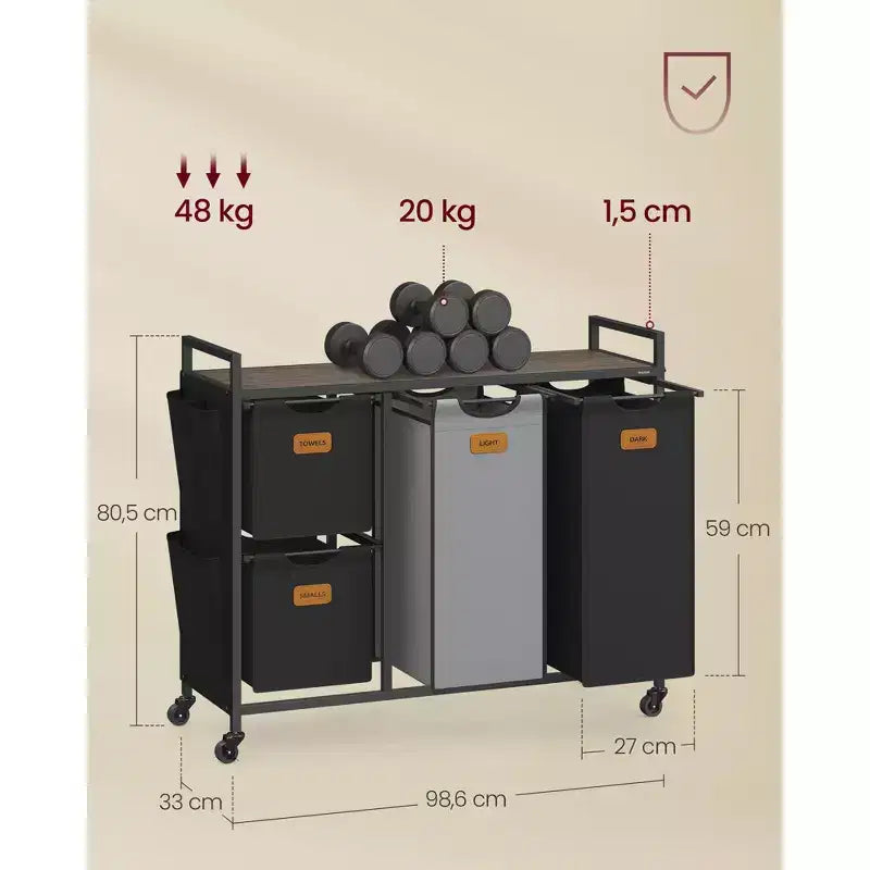 Clasificador de ropa rodante de 4 compartimentos con estantes, negro tinta y gris paloma