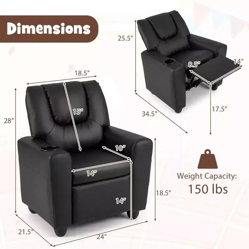 Sillón reclinable para niños con portavasos – Beige / Negro / Marrón / Rosa, estilo reclinación hacia atrás, 1 asiento