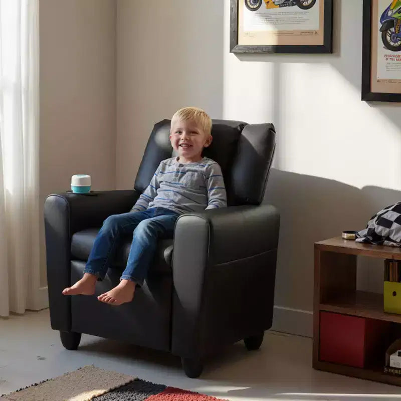 Sillón reclinable para niños con portavasos – Beige / Negro / Marrón / Rosa, estilo reclinación hacia atrás, 1 asiento