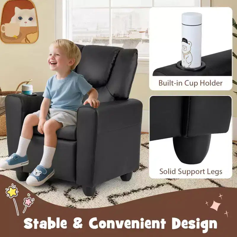 Sillón reclinable para niños con portavasos – Beige / Negro / Marrón / Rosa, estilo reclinación hacia atrás, 1 asiento