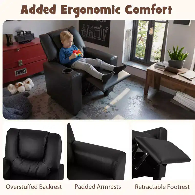 Sillón reclinable para niños con portavasos – Beige / Negro / Marrón / Rosa, estilo reclinación hacia atrás, 1 asiento