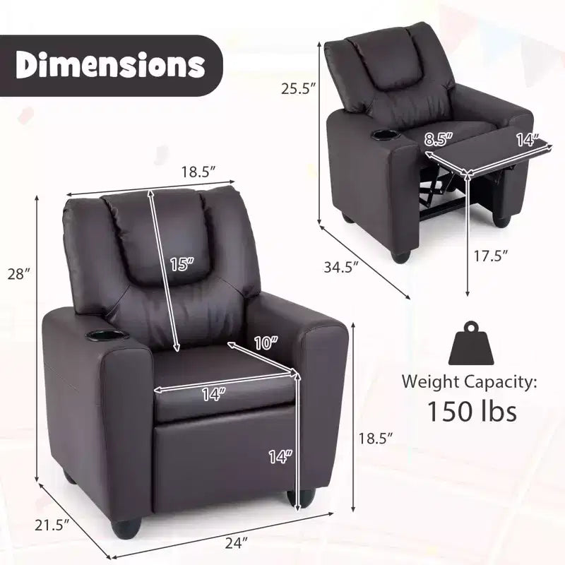 Sillón reclinable para niños con portavasos – Beige / Negro / Marrón / Rosa, estilo reclinación hacia atrás, 1 asiento