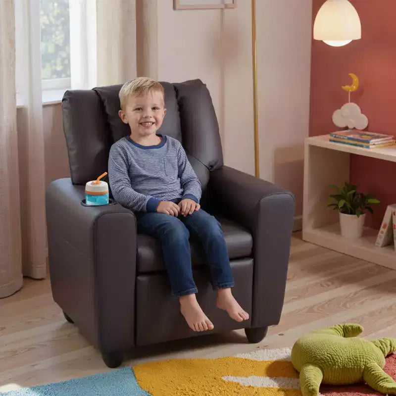 Sillón reclinable para niños con portavasos – Beige / Negro / Marrón / Rosa, estilo reclinación hacia atrás, 1 asiento