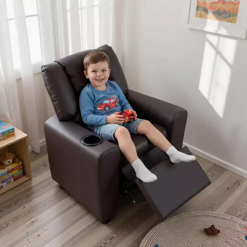 Sillón reclinable para niños con portavasos – Beige / Negro / Marrón / Rosa, estilo reclinación hacia atrás, 1 asiento