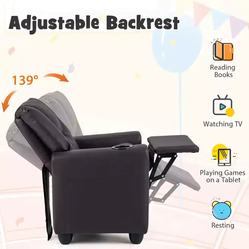 Sillón reclinable para niños con portavasos – Beige / Negro / Marrón / Rosa, estilo reclinación hacia atrás, 1 asiento