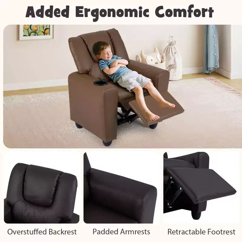 Sillón reclinable para niños con portavasos – Beige / Negro / Marrón / Rosa, estilo reclinación hacia atrás, 1 asiento