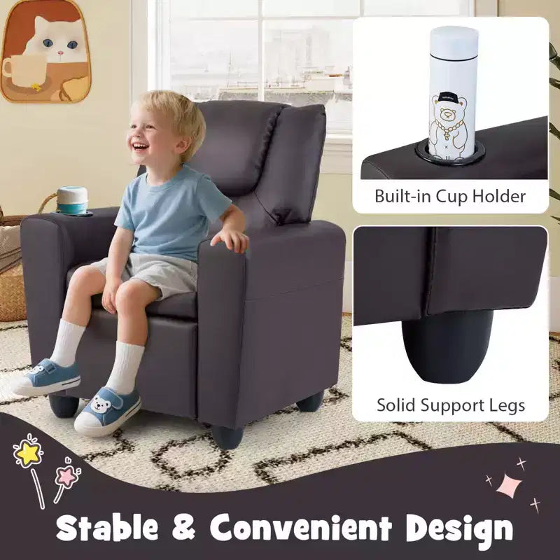 Sillón reclinable para niños con portavasos – Beige / Negro / Marrón / Rosa, estilo reclinación hacia atrás, 1 asiento