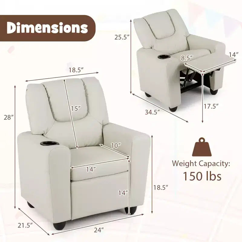 Sillón reclinable para niños con portavasos – Beige / Negro / Marrón / Rosa, estilo reclinación hacia atrás, 1 asiento