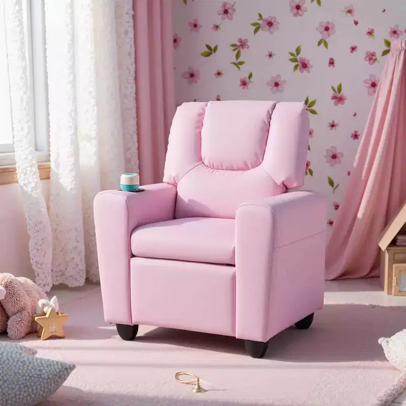 Sillón reclinable para niños con portavasos – Beige / Negro / Marrón / Rosa, estilo reclinación hacia atrás, 1 asiento