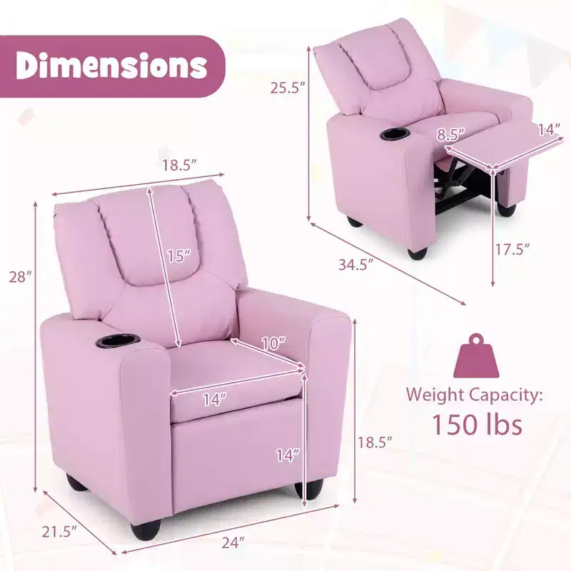 Sillón reclinable para niños con portavasos – Beige / Negro / Marrón / Rosa, estilo reclinación hacia atrás, 1 asiento
