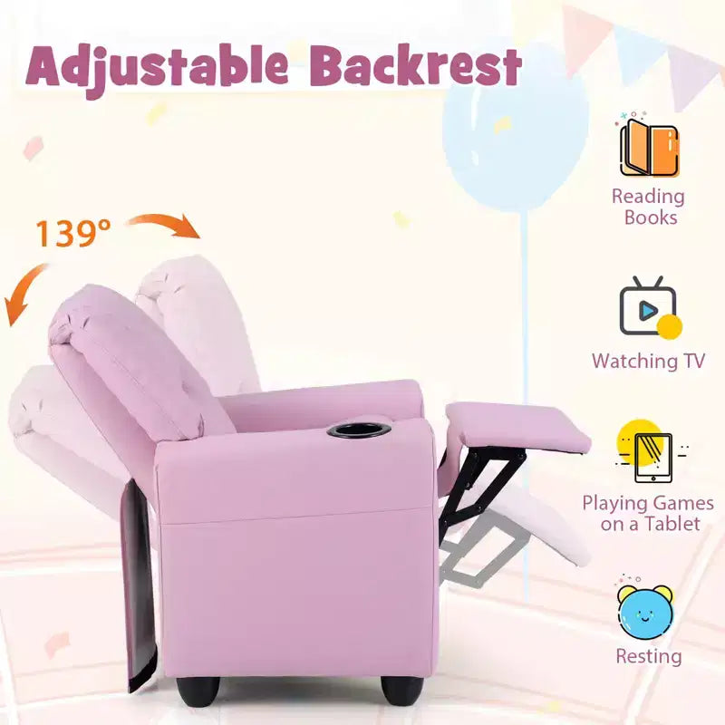 Sillón reclinable para niños con portavasos – Beige / Negro / Marrón / Rosa, estilo reclinación hacia atrás, 1 asiento
