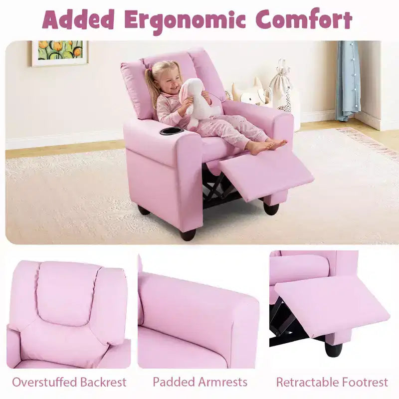 Sillón reclinable para niños con portavasos – Beige / Negro / Marrón / Rosa, estilo reclinación hacia atrás, 1 asiento