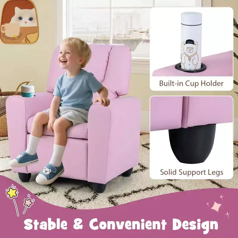 Sillón reclinable para niños con portavasos – Beige / Negro / Marrón / Rosa, estilo reclinación hacia atrás, 1 asiento