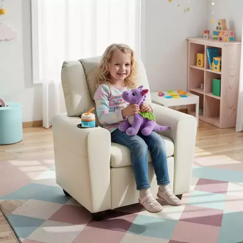 Sillón reclinable para niños con portavasos – Beige / Negro / Marrón / Rosa, estilo reclinación hacia atrás, 1 asiento