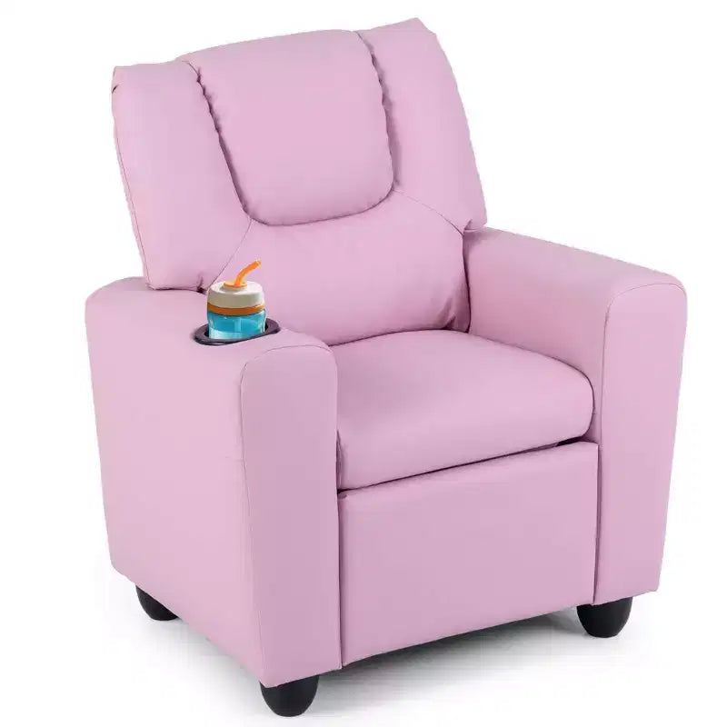 Sillón reclinable para niños con portavasos – Beige / Negro / Marrón / Rosa, estilo reclinación hacia atrás, 1 asiento