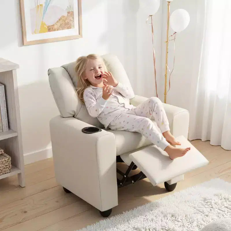Sillón reclinable para niños con portavasos – Beige / Negro / Marrón / Rosa, estilo reclinación hacia atrás, 1 asiento