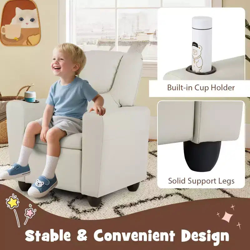 Sillón reclinable para niños con portavasos – Beige / Negro / Marrón / Rosa, estilo reclinación hacia atrás, 1 asiento