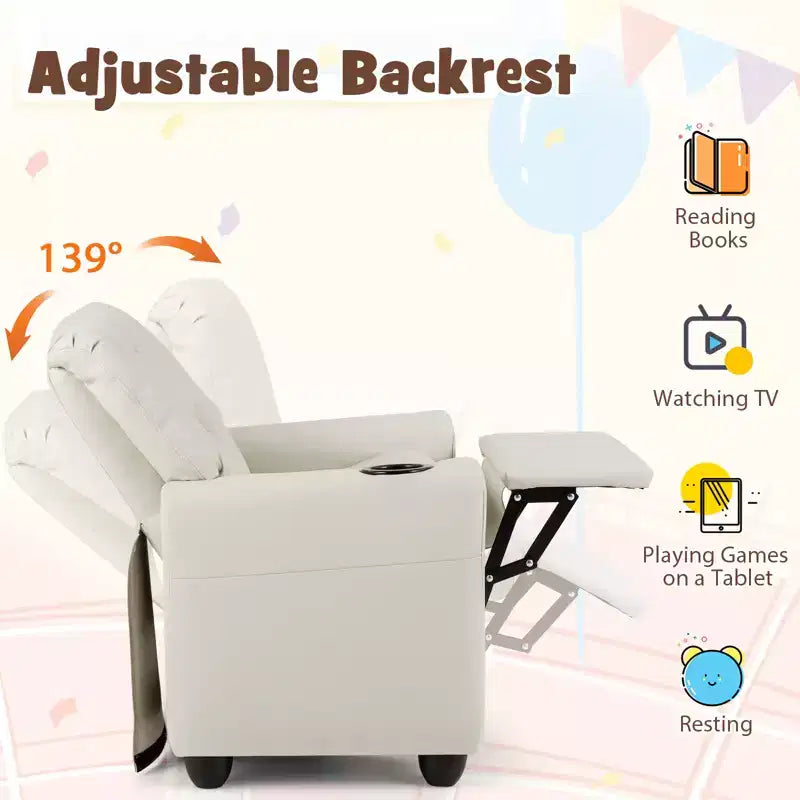 Sillón reclinable para niños con portavasos – Beige / Negro / Marrón / Rosa, estilo reclinación hacia atrás, 1 asiento