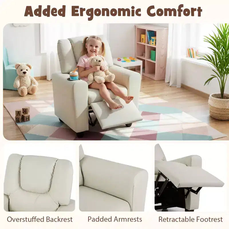 Sillón reclinable para niños con portavasos – Beige / Negro / Marrón / Rosa, estilo reclinación hacia atrás, 1 asiento