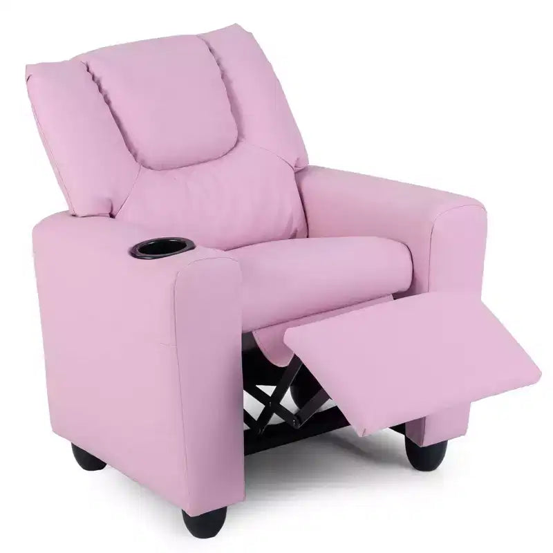 Sillón reclinable para niños con portavasos – Beige / Negro / Marrón / Rosa, estilo reclinación hacia atrás, 1 asiento