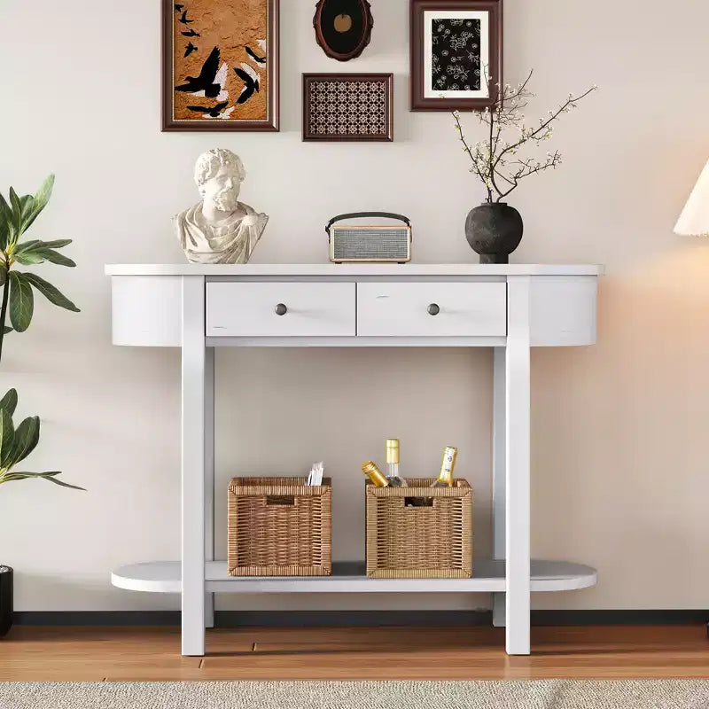 Mesa consola ovalada marrón con cajón y estante abierto, montaje por 1 persona, 101.6 cm de ancho