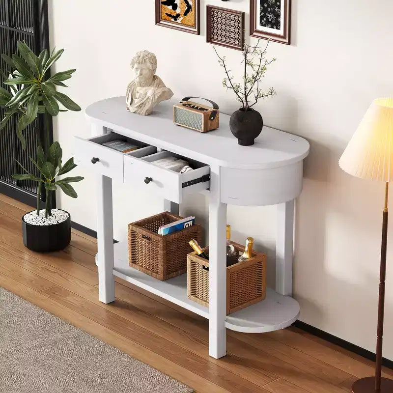 Mesa consola ovalada marrón con cajón y estante abierto, montaje por 1 persona, 101.6 cm de ancho