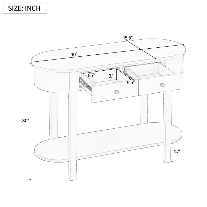 Mesa consola ovalada marrón con cajón y estante abierto, montaje por 1 persona, 101.6 cm de ancho