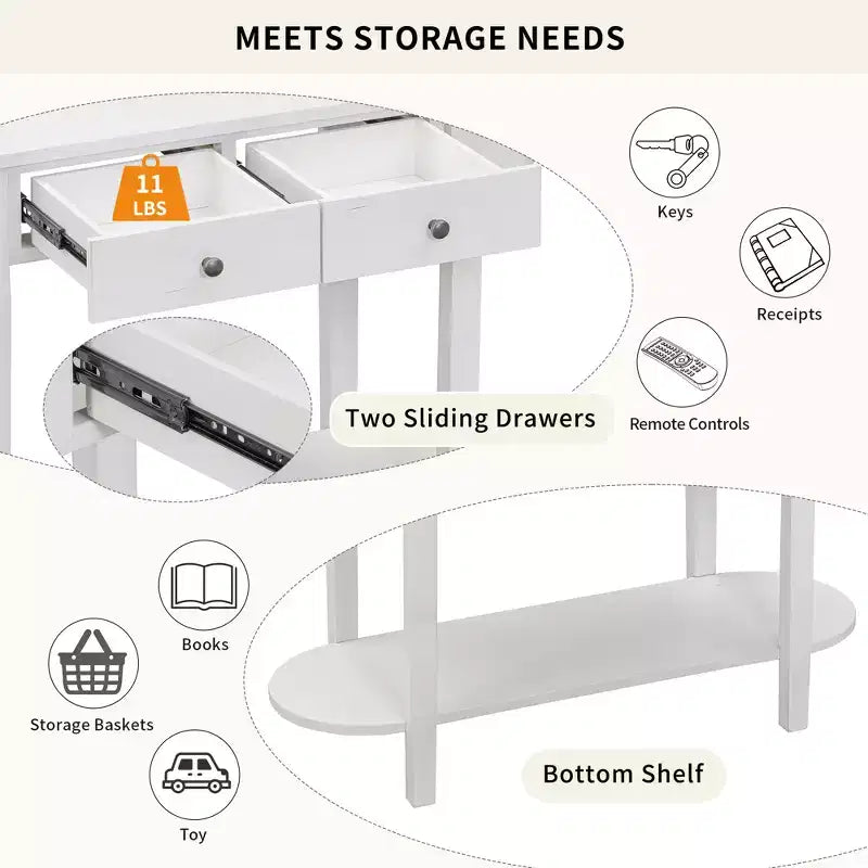 Mesa consola ovalada marrón con cajón y estante abierto, montaje por 1 persona, 101.6 cm de ancho