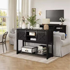 Mueble de TV estilo granja blanco y roble rústico con chimenea eléctrica, para televisores de más de 65 pulgadas