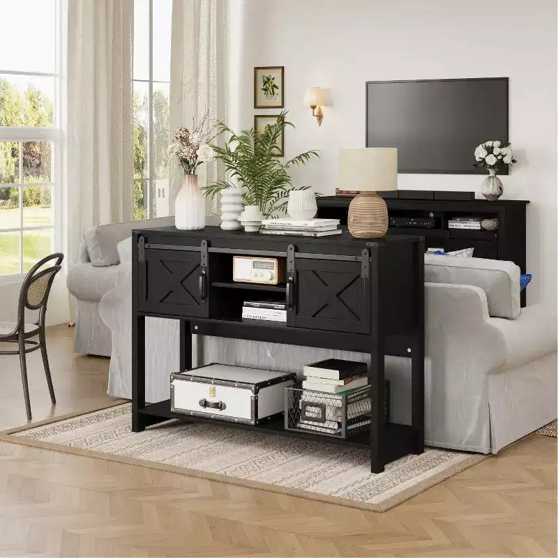 Mueble de TV estilo granja blanco y roble rústico con chimenea eléctrica, para televisores de más de 65 pulgadas