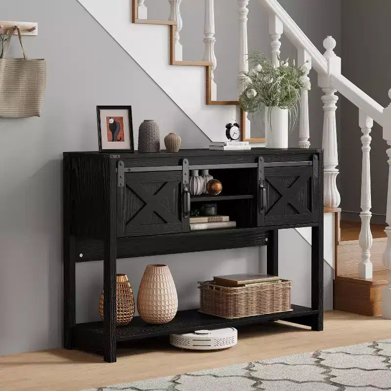 Mueble de TV estilo granja blanco y roble rústico con chimenea eléctrica, para televisores de más de 65 pulgadas