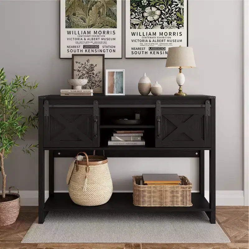 Mueble de TV estilo granja blanco y roble rústico con chimenea eléctrica, para televisores de más de 65 pulgadas