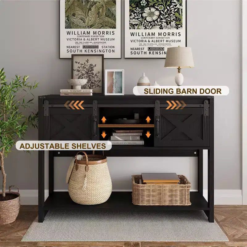 Mueble de TV estilo granja blanco y roble rústico con chimenea eléctrica, para televisores de más de 65 pulgadas
