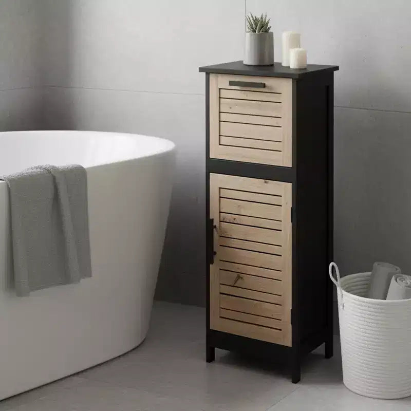 Armario de suelo para baño, negro y marrón, con cajón y puerta ventilada