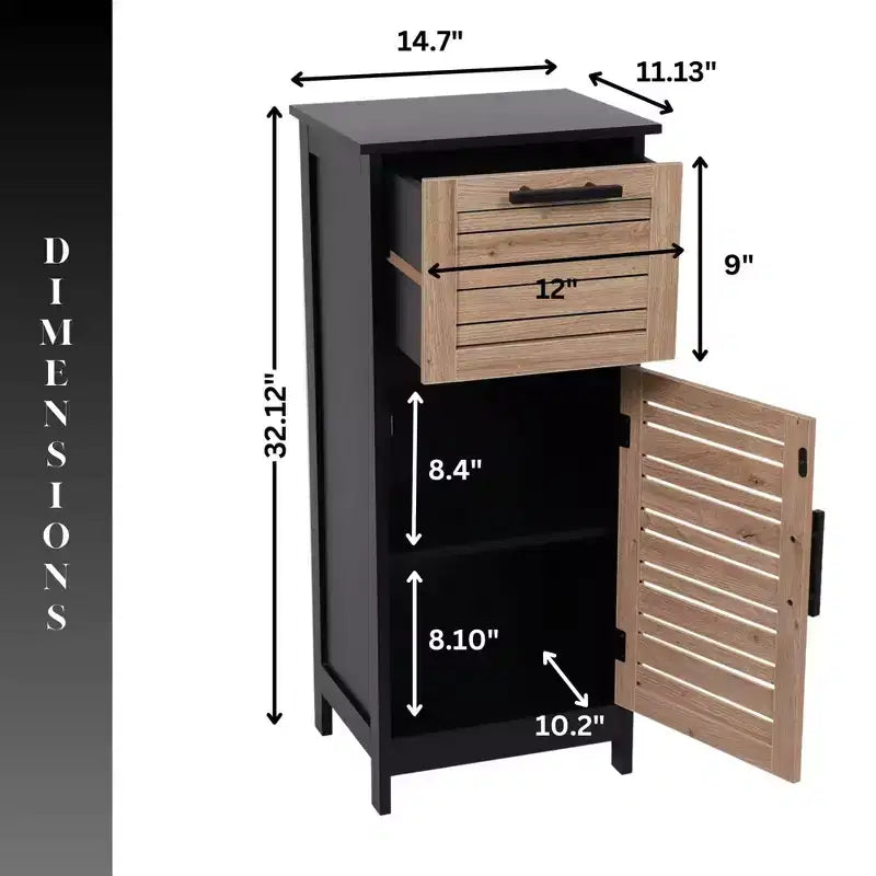 Armario de suelo para baño, negro y marrón, con cajón y puerta ventilada