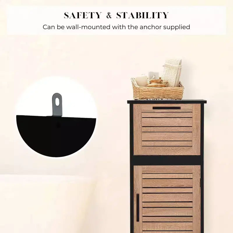 Armario de suelo para baño, negro y marrón, con cajón y puerta ventilada