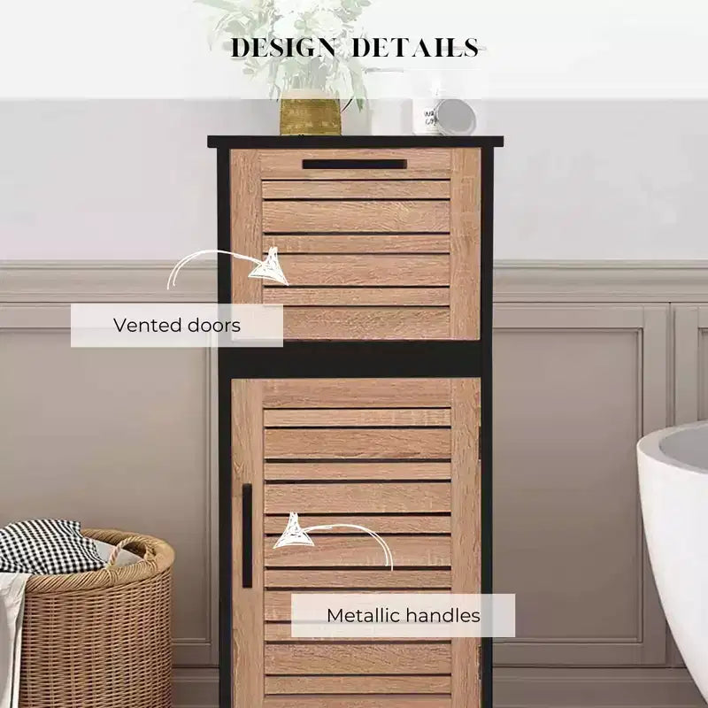 Armario de suelo para baño, negro y marrón, con cajón y puerta ventilada