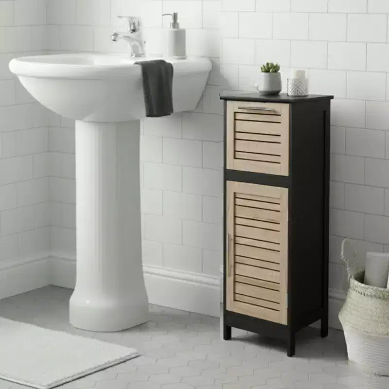 Armario de suelo para baño, negro y marrón, con cajón y puerta ventilada