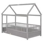 Cama de piso con techo de casa gris/blanca y barandales de seguridad – Individual