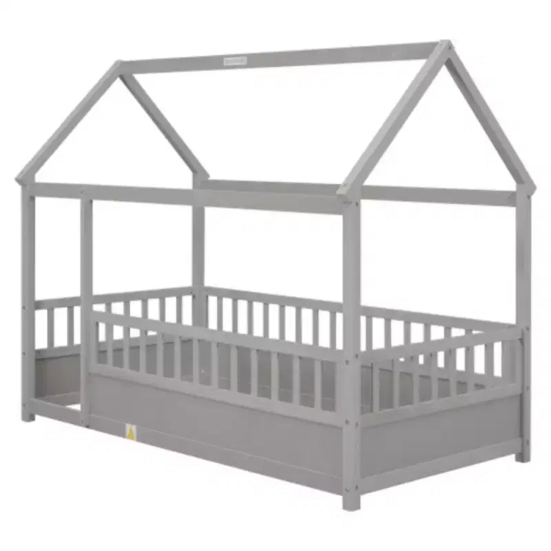 Cama de piso con techo de casa gris/blanca y barandales de seguridad – Individual