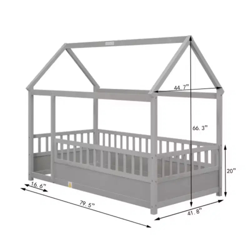 Cama de piso con techo de casa gris/blanca y barandales de seguridad – Individual