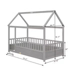 Cama de piso con techo de casa gris/blanca y barandales de seguridad – Individual